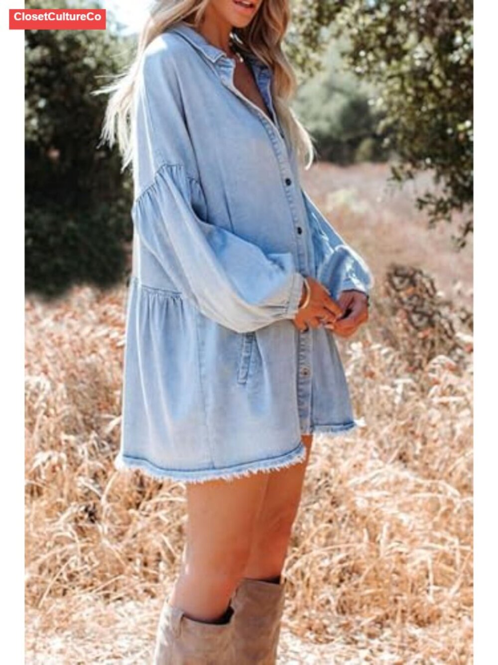Oversized Distressed Denim Button Down Tunic Mini Dress with Pockets - Picture 2 of 6